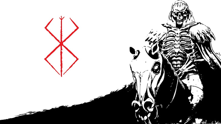 esqueleto cavaleiro e cavalo arte vetorial, Berserk, crânio cavaleiro, cavaleiro, anime, mangá, Kentaro Miura, marca de sacrifício, HD papel de parede