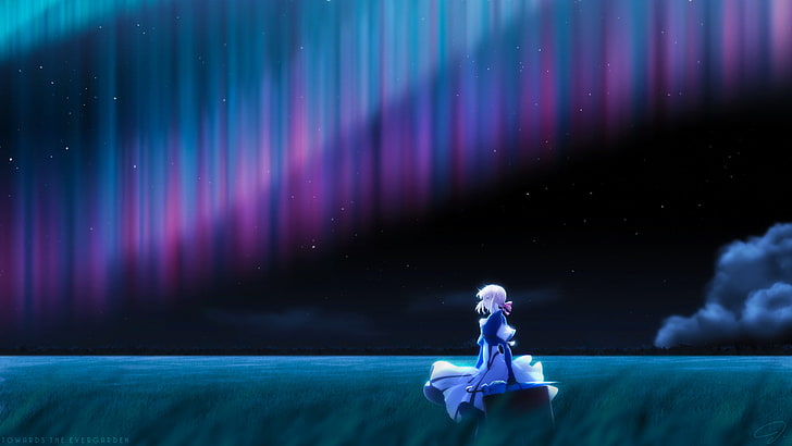 Anime, Anime Girls, Violet Evergarden, kurze Haare, Blond, Landschaft, Nachthimmel, Sterne, Regenschirm, Nacht, Kunstwerk, HD-Hintergrundbild