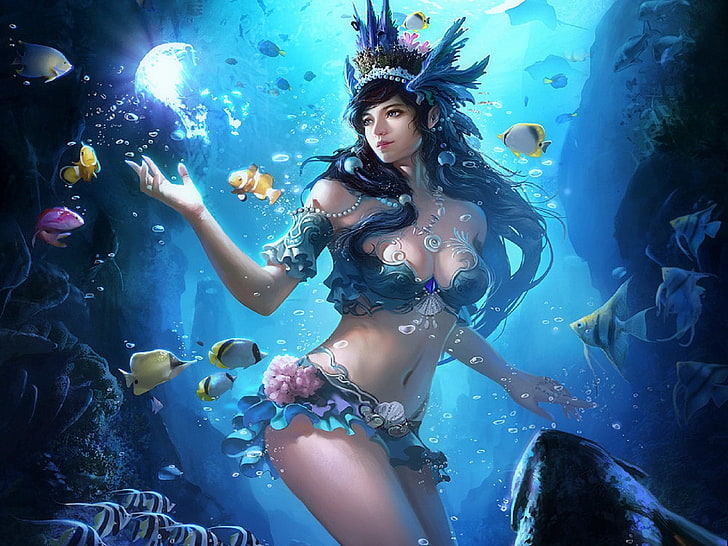 beautiful, fantasy, fish, girl, hair, long, water, HD wallpaper