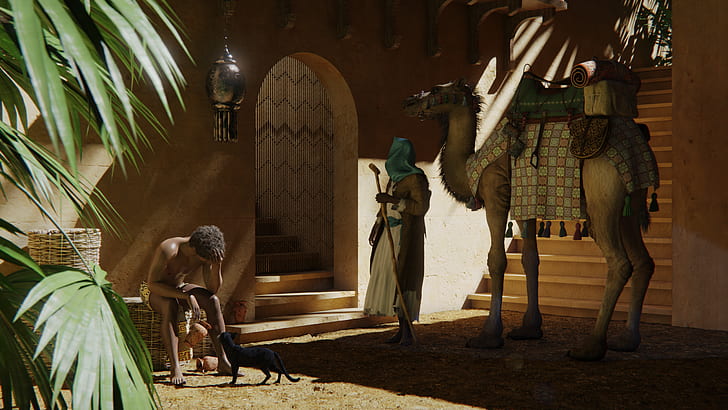 Africa, Middle East, camels, camel ride, door, staircase, stairs, palm trees, plants, cats, robes, drunk, desert, town, CGI, digital art, 3D graphics, shadow, mistery, HD wallpaper