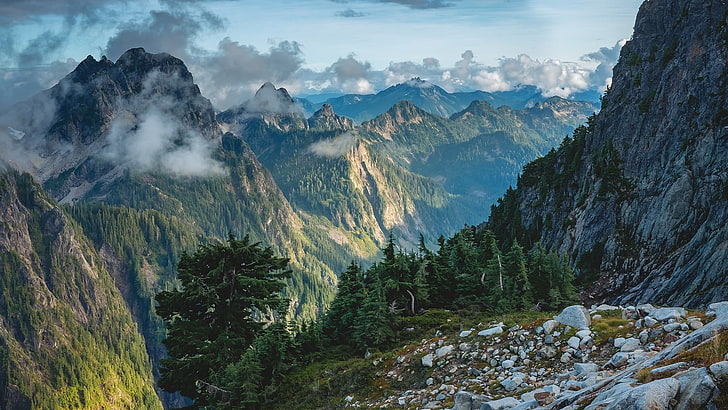 green mountain aerial shot, landscape, mountains, pine trees, North Cascades National Park, Washington state, HD wallpaper