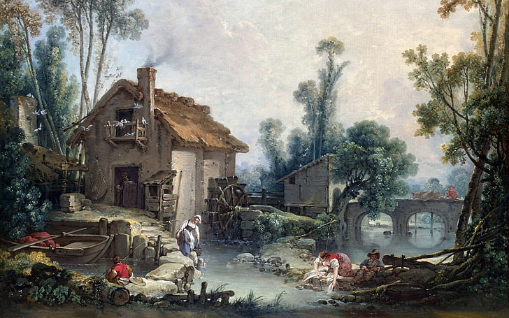 painting, cottage, mill, stream, chimneys, bridge, arch, boat, fishing, classic art, François Boucher, HD wallpaper