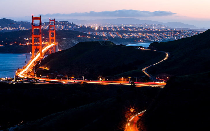 Golden Bridge, San Francisco, Golden Gate Bridge, paisaje urbano, edificio, larga exposición, puente, Estados Unidos, arquitectura, noche, tráfico, paisaje, Fondo de pantalla HD