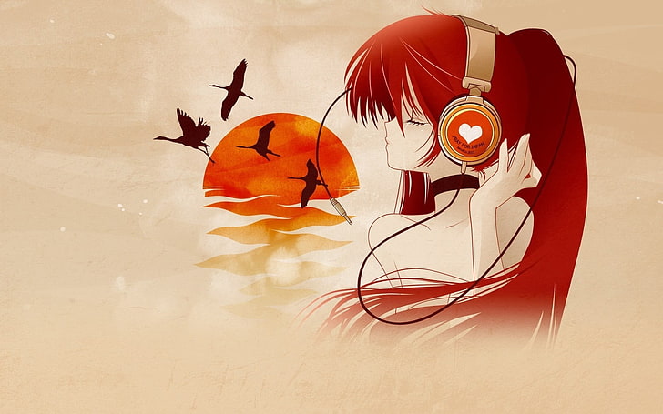 Аниме червено момиче със слушалки, аниме жена, слушаща музика тапет, аниме / анимирани,, червено, момиче, коса, слушалки, аниме, HD тапет