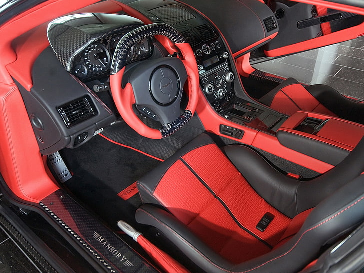 red and black vehicle steering wheel, mansory cyrus, 2009, red, salon, interior, steering wheel, speedometer, aston martin, HD wallpaper