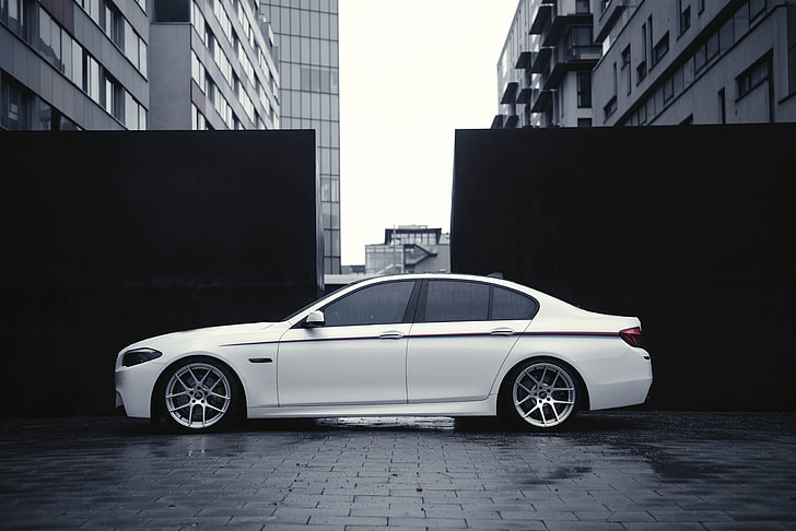 white sedan, BMW, White, Drives, F10, Side, Overcast, Deep Concave, HD wallpaper