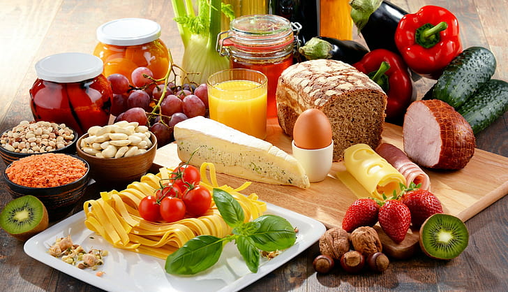 еда, натюрморт, сыр, фрукты, лапша, хлеб, клубника, овощи, HD обои