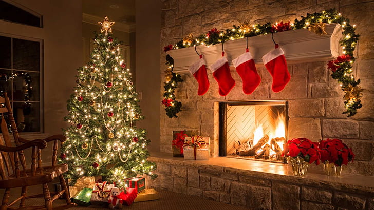 natal, árvore de natal, lareira, interior, decoração de natal, enfeite de natal, luzes de natal, HD papel de parede