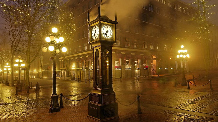gray grandfathers clock, hours, night, lights, light, street, city, sepia, HD wallpaper
