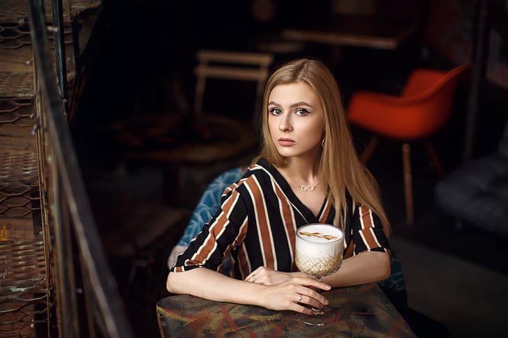 look, girl, glass, coffee, Sergey Sorokin, HD wallpaper