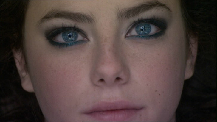 дамски сини очи, Kaya Scodelario, жени, актриса, отблизо, сини очи, очна линия, лунички, HD тапет