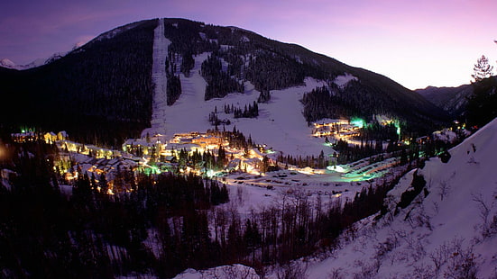 Ски курорт, светлини, ски лифт, сняг, здрач, град, 3d и резюме, HD тапет HD wallpaper