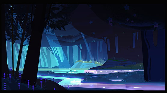 река между деревьями иллюстрация, темнота, лес, вода, произведения искусства, голубой, солнечные лучи, река, HD обои HD wallpaper