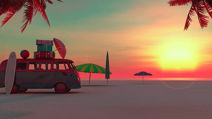 3d, graphics, summertime, palms, beach, palm tree, sandy beach, illustration, vacation, parasol, sunshade, holiday, HD wallpaper