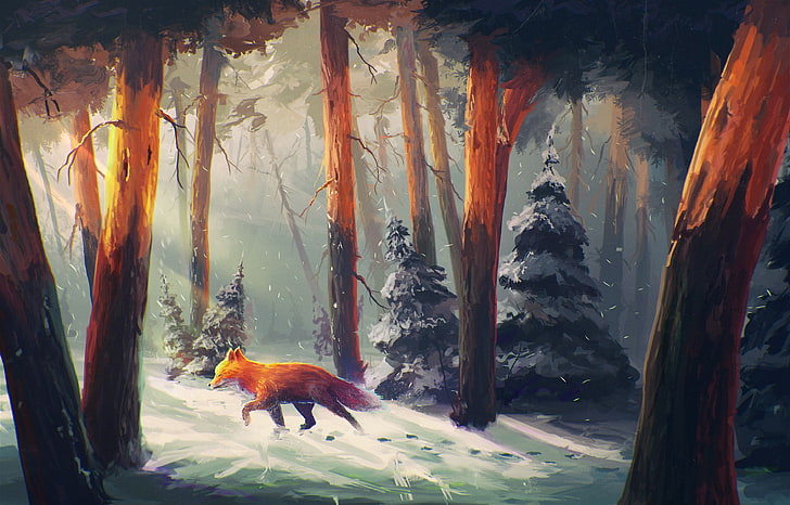 червена лисица върху гора дигитална живопис, лисица, ходеща в гората илюстрация, природа, животни, сняг, произведения на изкуството, цифрово изкуство, гора, Sylar, слънчева светлина, лисица, оранжево, сняг, HD тапет