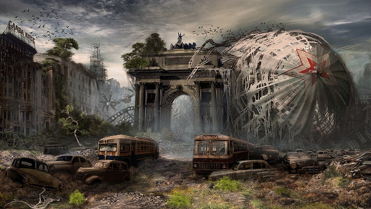 apokalyptisch, grafik, stadtbild, ruine, wrack, HD-Hintergrundbild