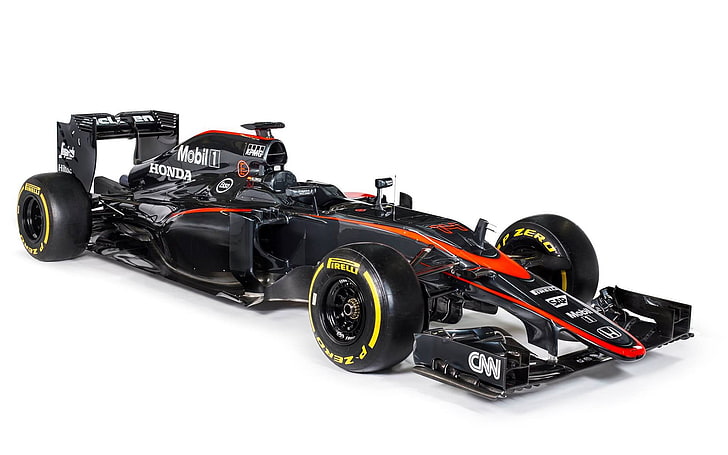 czarna formuła 1, samochód sportowy, Formuła 1, McLaren F1, 2015, Honda, białe tło, Tapety HD