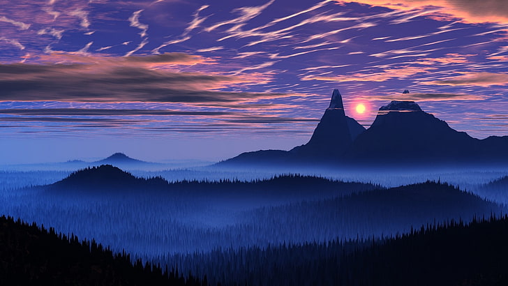 silueta de montaña brumosa, paisaje, naturaleza, azul, niebla, puesta de sol, bosque, montañas, cielo, nubes, valle, Fondo de pantalla HD