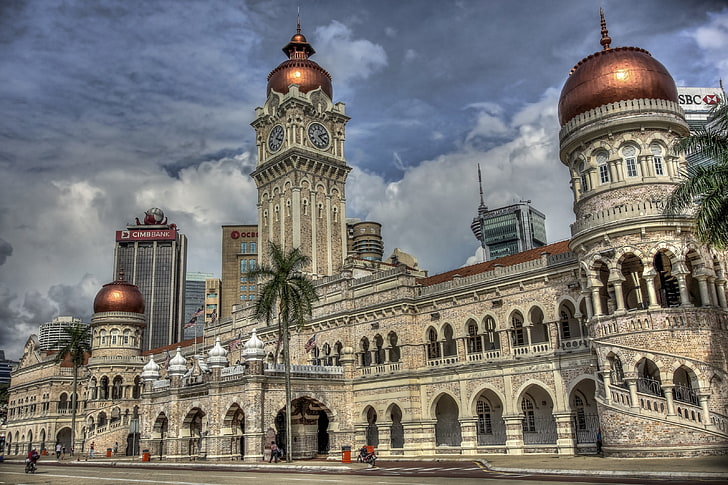 palmeiras, o edifício, relógio, torre, Malásia, cúpula, Kuala Lumpur, O edifício do sultão Abdul Samad, edifício do sultão Abdul Samad, HD papel de parede