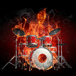 red and white drum kit, fire, skeleton, drums, Flames, HD wallpaper HD wallpaper