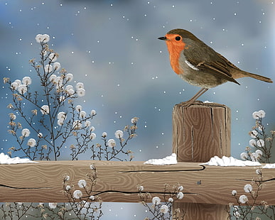 Fåglar, Robin, djur, konstnärlig, fågel, staket, snö, träd, vinter, HD tapet HD wallpaper