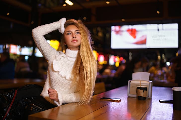Ivan Lebedev, women, model, blonde, long hair, arms up, women indoors, HD wallpaper