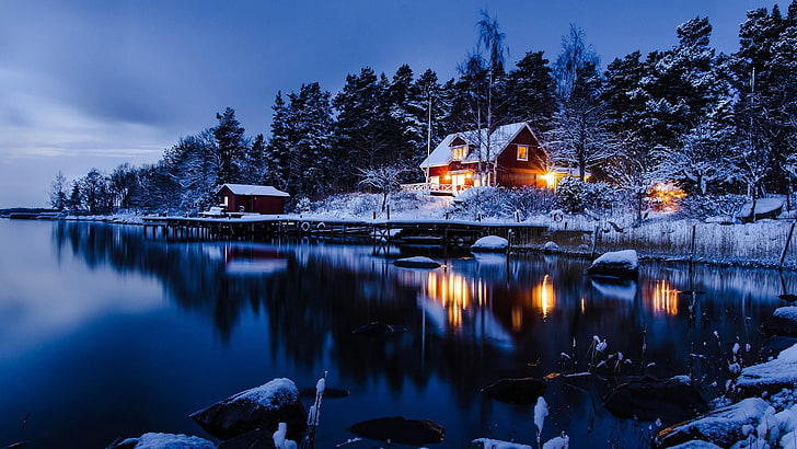 neige, maison, lac, soir, rivage, hiver, Fond d'écran HD