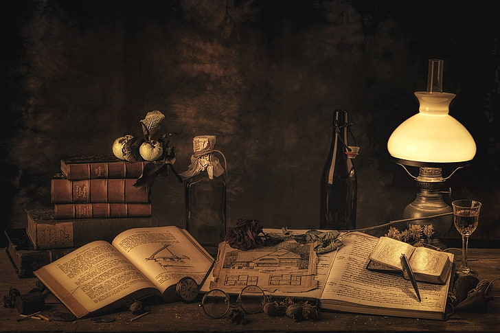 tre libri aperti accanto a lampada, bottiglia e bicchiere di vino dipinto, libri, bottiglia, lampada, bicchieri, natura morta, Sfondo HD