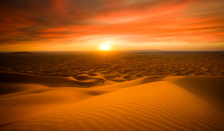 desert and sunset, sand, the sun, sunset, nature, desert, horizon, Sugar, Morocco, Merzouga, HD wallpaper