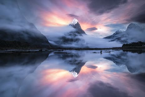  landscape, nature, photography, mountains, sky, reflection, winter, sunrise, dreamscape, New Zealand, Milford Sound, peak, HD wallpaper HD wallpaper