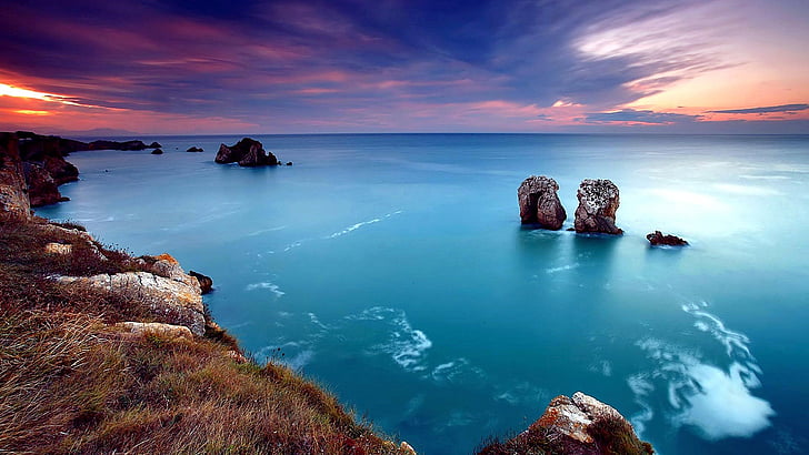 mar, puesta de sol, tarde, costa, horizonte, roca, orilla, Fondo de pantalla HD
