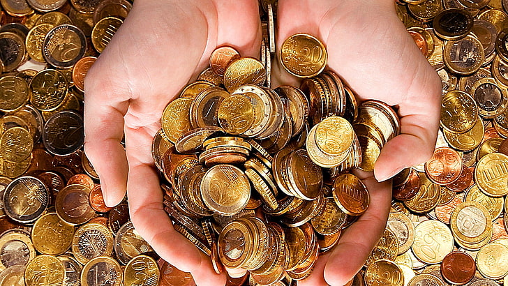 cash, money, coin, coins, gold, euro, treasure, hands, currency, metal, lifestyle, HD wallpaper