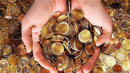 Bargeld, Geld, Münze, Münzen, Gold, Euro, Schatz, Hände, Währung, Metall, Lebensstil, HD-Hintergrundbild HD wallpaper