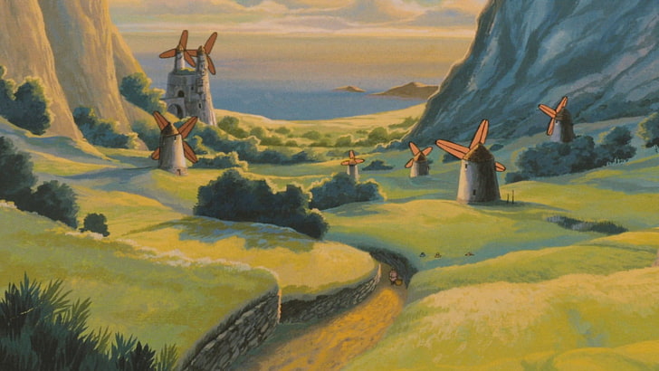 ветряные мельницы на траве поля возле горной живописи, пейзаж, Nausicaa, аниме, студия Ghibli, HD обои