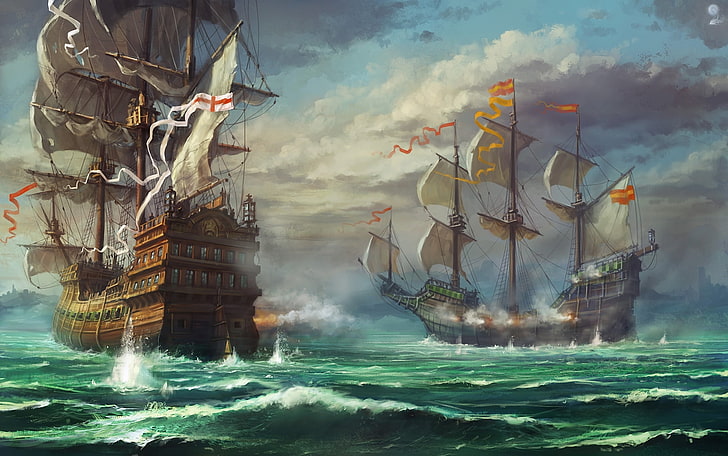 brown and white ships on body of water painting, sea, clouds, sailboat, ships, gun, art, shooting, battle, HD wallpaper