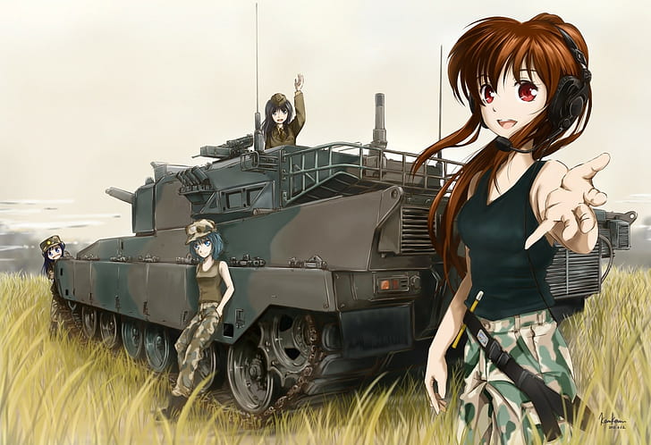 بنات أنمي ، فتاة جيش ، دبابة ، فتيات أنمي ، فتاة جيش ، دبابة، خلفية HD