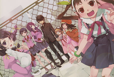 Serie Monogatari, anime girls, Araragi Koyomi, Oshino Shinobu, Hachikuji Mayoi, Hanekawa Tsubasa, Kanbaru Suruga, Sengoku Nadeko, Senjougahara Hitagi, Sfondo HD HD wallpaper