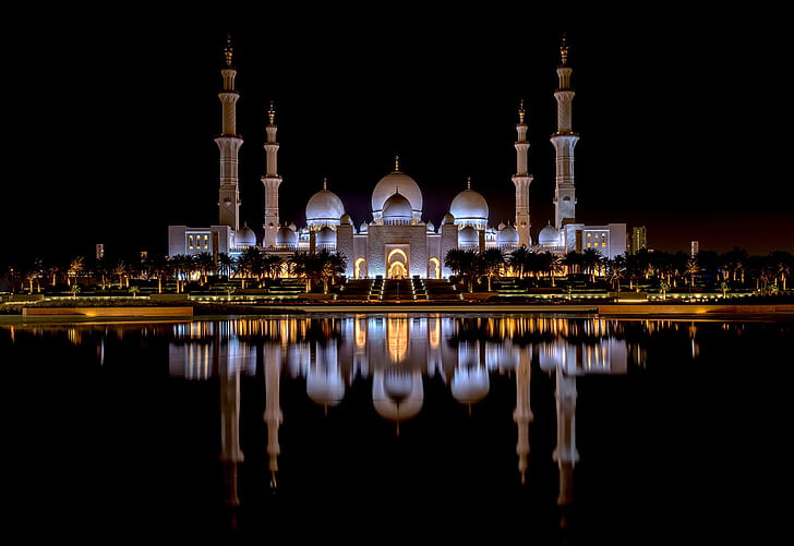 Mosquées, Grande Mosquée Sheikh Zayed, Abu Dhabi, Architecture, Dôme, Mosquée, Nuit, Réflexion, Émirats Arabes Unis, Fond d'écran HD