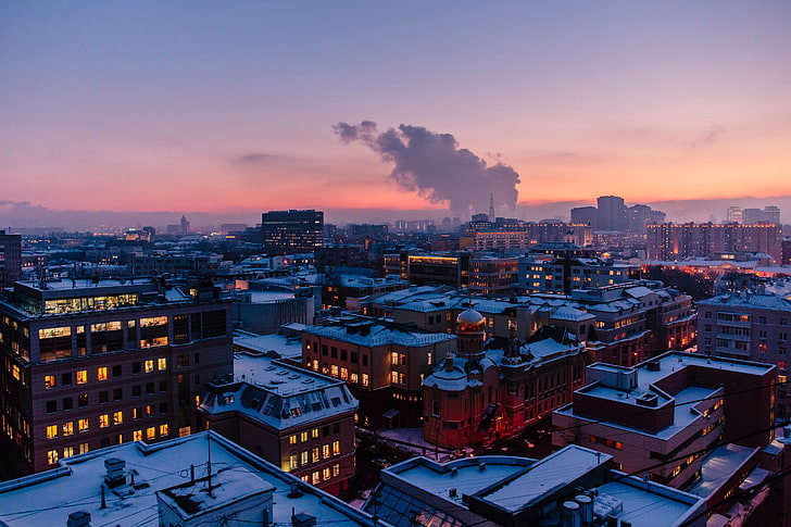 architecture, building, city, cityscape, snow, winter, evening, smoke, sunset, lights, Moscow, Russia, Alexander Popov, rooftops, bird's eye view, church, city lights, HD wallpaper