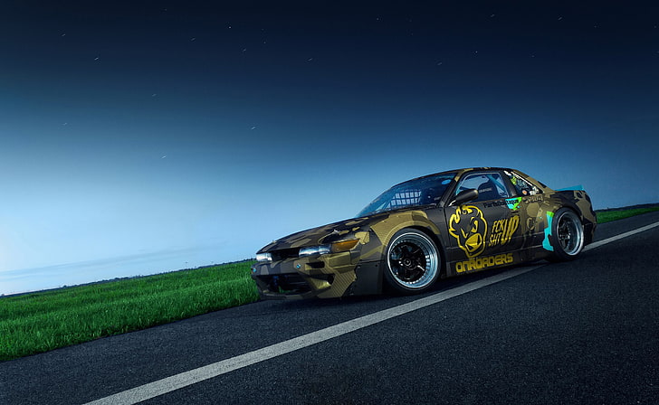 Nissan, Nissan S13, nissan silvia, Nissan Silvia S13, S13, Silvia S13, JDM, JDM Lifestyle, Japanese cars, Norway, Stance, photography, airport, planes, evening, stars, Work Wheels, Japan, HD wallpaper