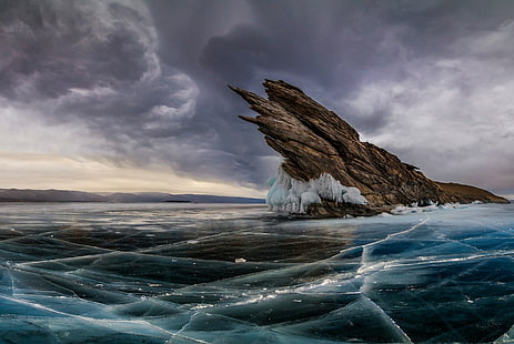 natureza, paisagem, nuvens, céu, lago, geada, gelo, rocha, Lago Baikal, Rússia, frio, HD papel de parede HD wallpaper