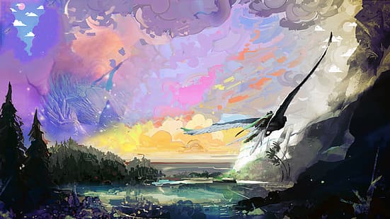 dragão, ave de rapina, paisagem, multi arte, arte digital, montanhas, nuvens, Animais Fantásticos: Os Crimes de Grindelwald, Como treinar seu dragão, Como treinar seu dragão 2, HD papel de parede HD wallpaper