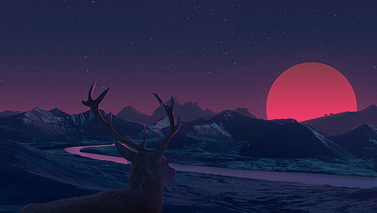 олень обои, коричневый олень смотрит на луну живопись, животные, ночь, река, пейзаж, произведение искусства, HD обои HD wallpaper