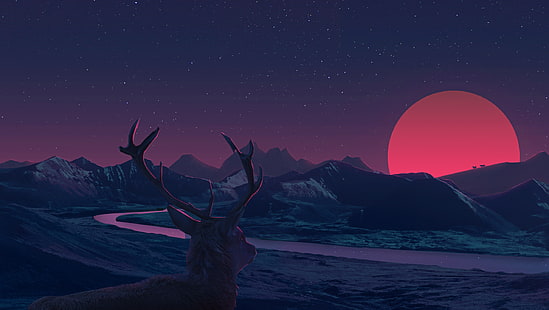 日没アニメを見つめて鹿、 HDデスクトップの壁紙 HD wallpaper