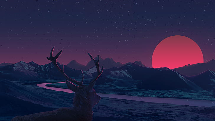 Sunset, Mountains, Deer, Dusk, HD, HD wallpaper