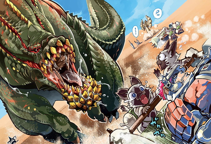 иллюстрация зеленого динозавра, Охотник на Монстров, Фелин, Deviljho, HD обои