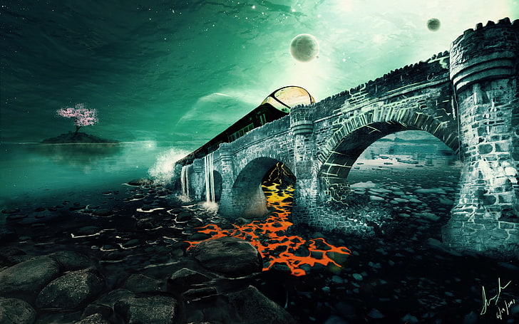 game concept art wallpaper, Ayn Rand, surreal, lava, train, water, fantasy art, digital art, HD wallpaper
