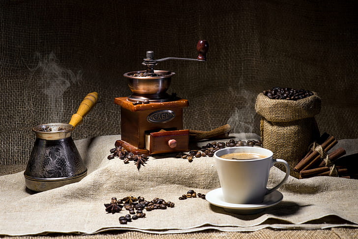 coffee, burlap, coffee beans, coffee grinder, HD wallpaper