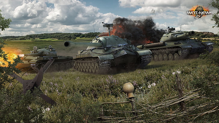 three green battle tanks illustration screenshot, field, grass, earth, smoke, shot, USSR, battle, legend, caterpillar, exhaust, Is-7, Is-4, World Of Tanks, The t-62A, go, the whole world in the game, the cars, HD wallpaper