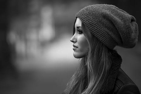 grayscale photography of side view of woman wearing knitted cap, Lorena, grayscale, photography, side view, woman, knitted cap, nikkor, noval, nikon, goya, portrait, colours, frame, D810, light, fullframe, street, 35mm, D800, colour, fx, f5.6, bokeh, body, sun, air, real, cold, city, balaton, country  town, clouds, people, wedding, f2.8, women, young Adult, one Person, beauty, beautiful, fashion, females, outdoors, caucasian Ethnicity, adult, black And White, human Face, lifestyles, fashion Model, HD wallpaper HD wallpaper
